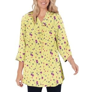 Woman Within Plus Size 22W 24W Top 1X Yellow Floral Tunic 3/4 Sleeve V Neck 424